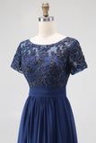 Navy Chiffon A Line Long Mother of the Bride Dress with Appliques