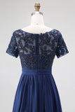 Navy Chiffon A Line Long Mother of the Bride Dress with Appliques