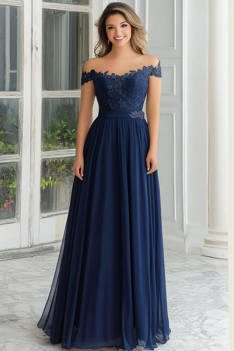 Load image into Gallery viewer, Elegant A-Line Navy Off the Shoulder Chiffon Long Mother Of the Bride Dress with Lace Appliques