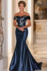 Load image into Gallery viewer, Navy Off the Shoulder Mermaid Satin Long Mother Of the Bride Dress with Embroidery