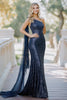 Load image into Gallery viewer, Navy Sequins Sheath One Shoulder Mother of the Bride Dress with Cape