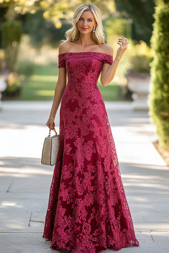 Burgundy Lace A Line Off the Shoulder Mother of the Bride Dress