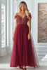 Load image into Gallery viewer, Burgundy A Line Tulle Lace Off the Shoulder Mother of the Bride Dress