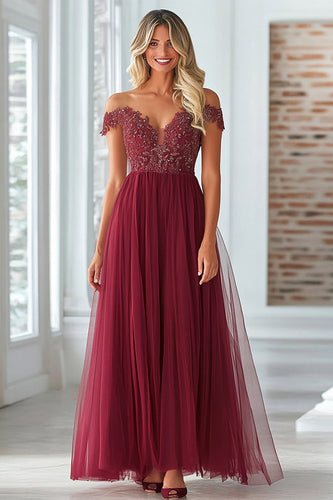 Burgundy A Line Tulle Lace Off the Shoulder Mother of the Bride Dress