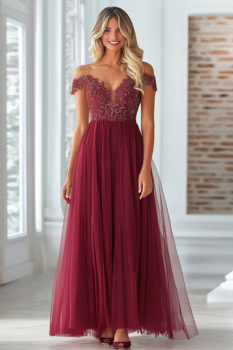 Load image into Gallery viewer, Burgundy A Line Tulle Lace Off the Shoulder Mother of the Bride Dress