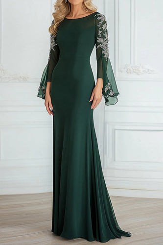 Scoop Neck Chiffon Lace A Line Dark Green Long Sleeves Mother of the Bride Dress