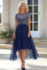 Load image into Gallery viewer, Navy Lace Tulle A Line Scoop Neck Short Sleeves Mother of the Bride Dress