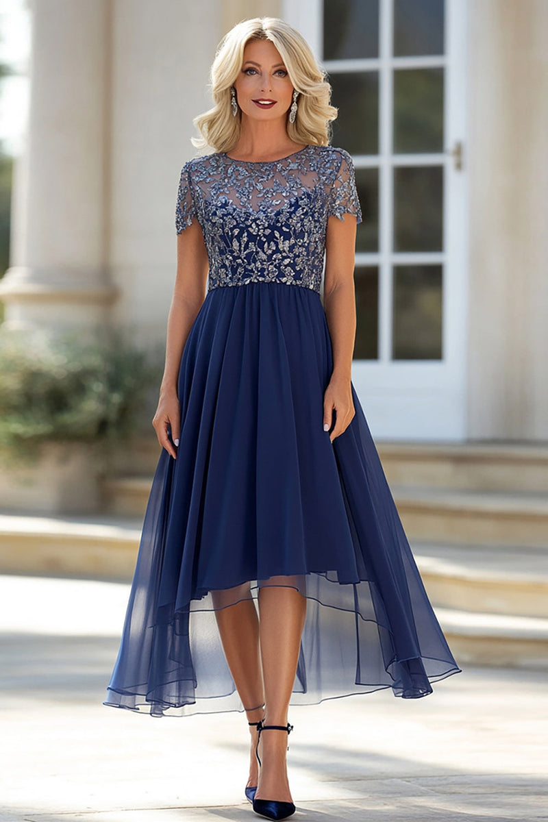 Load image into Gallery viewer, Navy Lace Tulle A Line Scoop Neck Short Sleeves Mother of the Bride Dress