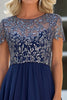 Load image into Gallery viewer, Navy Lace Tulle A Line Scoop Neck Short Sleeves Mother of the Bride Dress