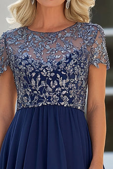 Navy Lace Tulle A Line Scoop Neck Short Sleeves Mother of the Bride Dress