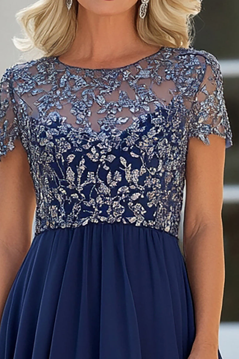 Load image into Gallery viewer, Navy Lace Tulle A Line Scoop Neck Short Sleeves Mother of the Bride Dress