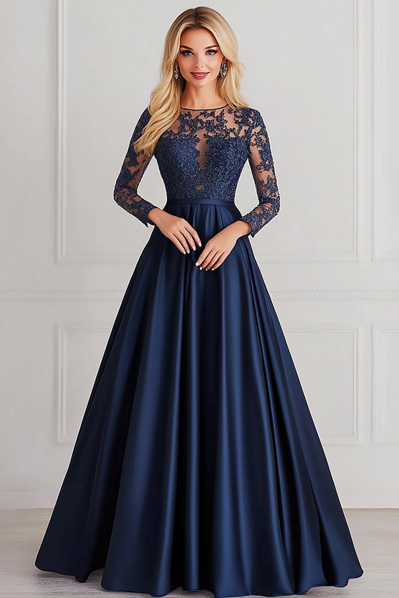 Load image into Gallery viewer, Sparkly Navy A-Line Long Sleeves Laced Top Satin Mother of the Bride Dress