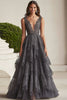 Load image into Gallery viewer, Dark Grey A-Line V Neck Lace Ruffles Long Mother of the Bride Dress