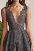 Load image into Gallery viewer, Dark Grey A-Line V Neck Lace Ruffles Long Mother of the Bride Dress