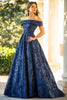 Load image into Gallery viewer, Navy A-Line Off the Shoulder Ruched Jacquard Long Mother of the Bride Dress