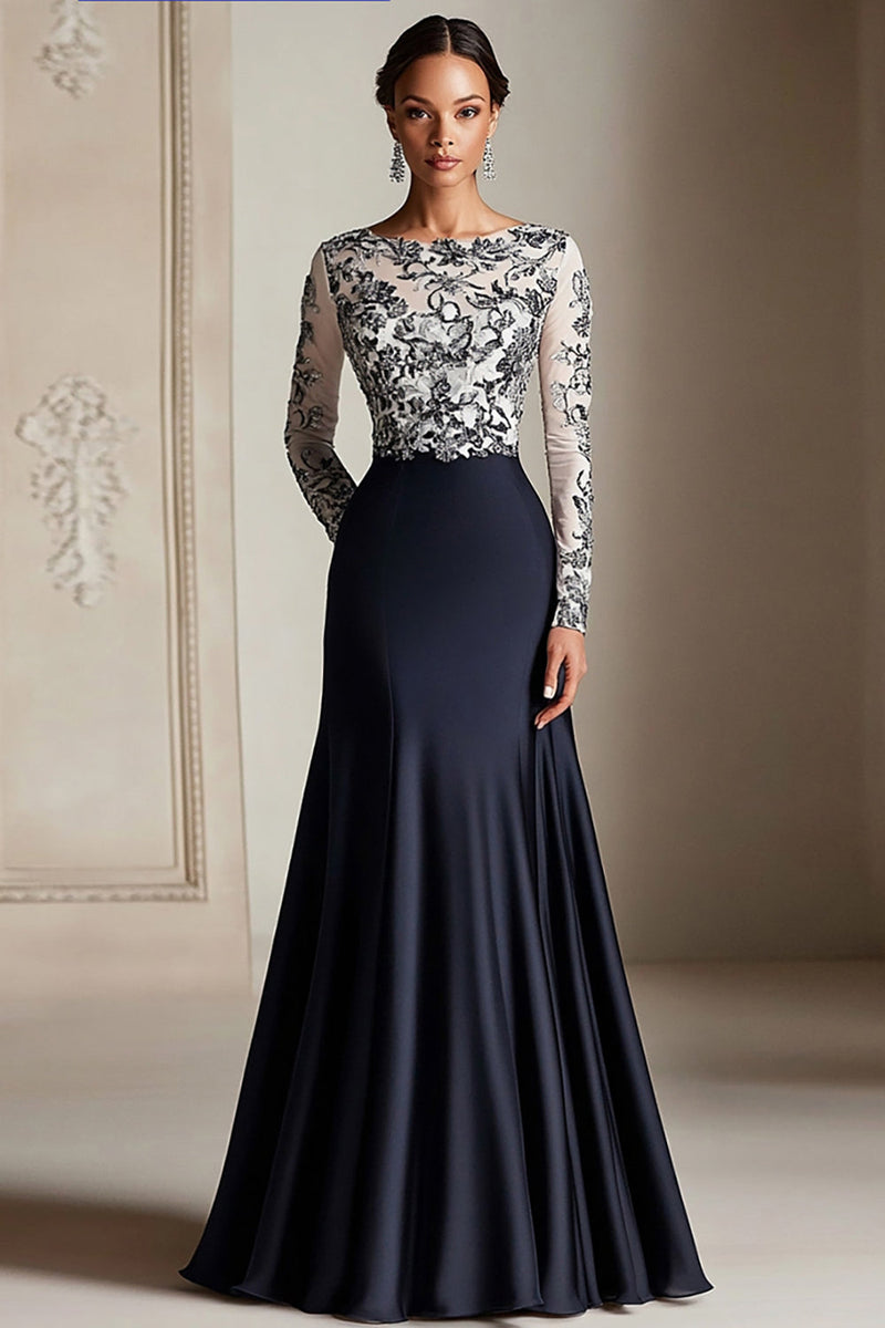 Load image into Gallery viewer, Black Mermaid Long Sleeves Satin Long Mother of the Bride Dress with Lace Appliques