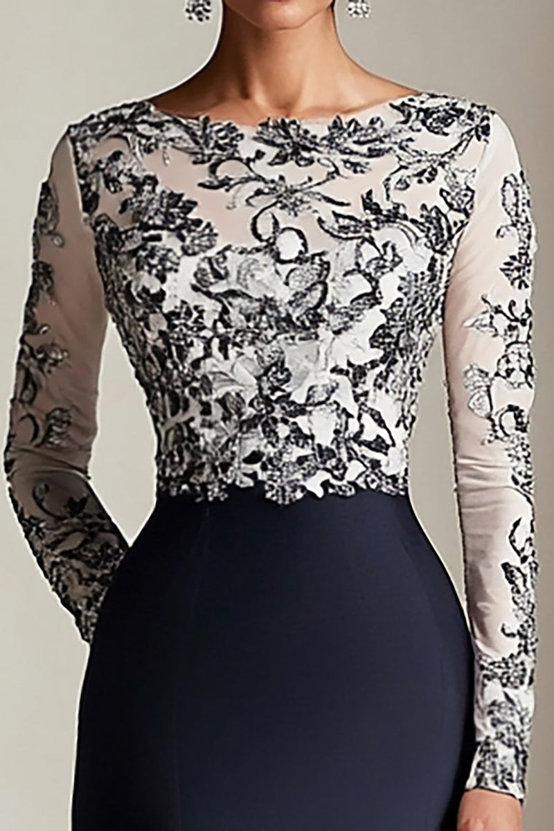 Load image into Gallery viewer, Black Mermaid Long Sleeves Satin Long Mother of the Bride Dress with Lace Appliques