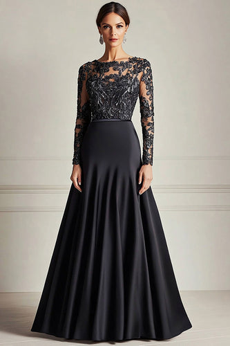 Sparkly Black A-Line Long Sleeves Satin Long Mother of the Bride Dress with Lace Appliques