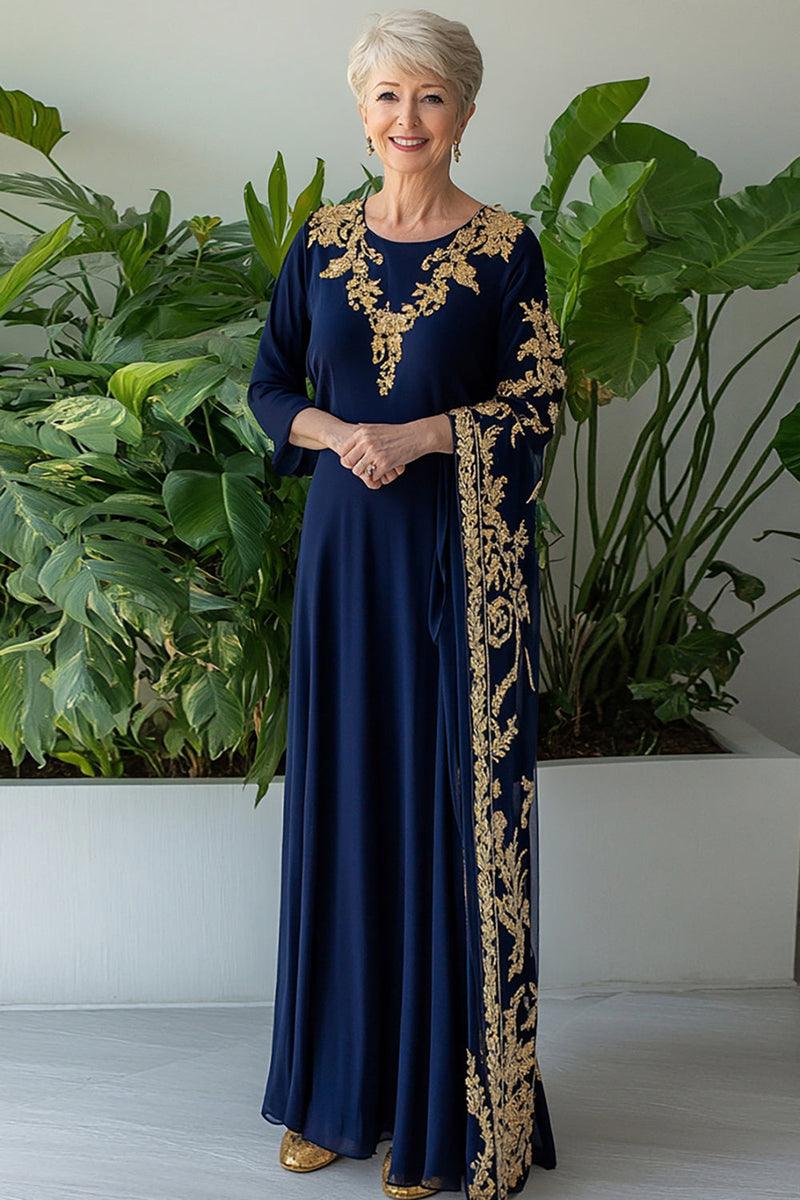 Load image into Gallery viewer, Navy Sheath Long Sleeves Chiffon Long Mother of the Bride Dress with Embroidery