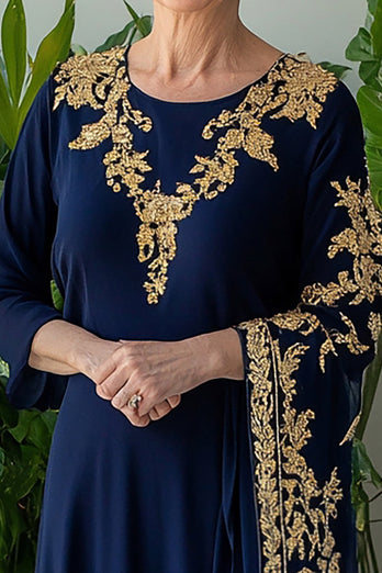 Navy Sheath Long Sleeves Chiffon Long Mother of the Bride Dress with Embroidery