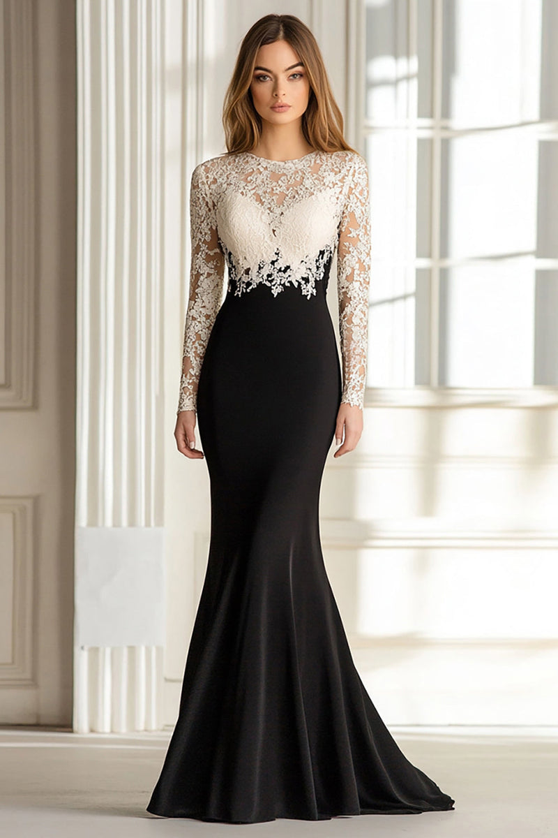 Load image into Gallery viewer, Black White Mermaid Lace Top Long Sleeves Scoop Satin Long Mother of the Bride Dress