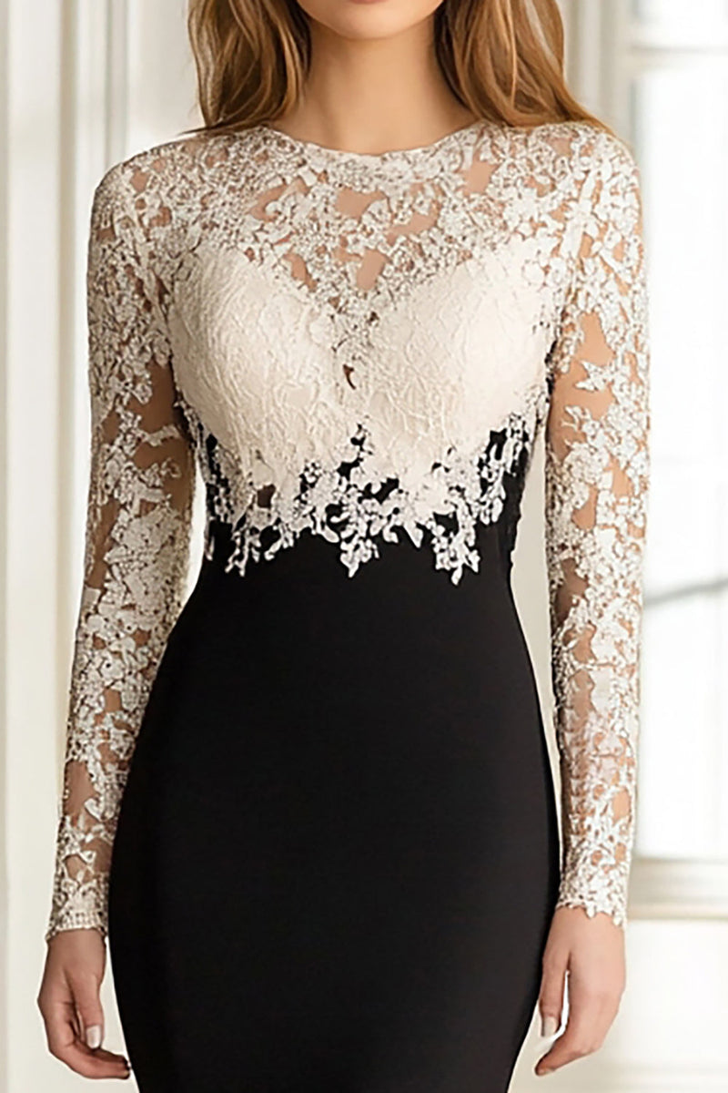 Load image into Gallery viewer, Black White Mermaid Lace Top Long Sleeves Scoop Satin Long Mother of the Bride Dress