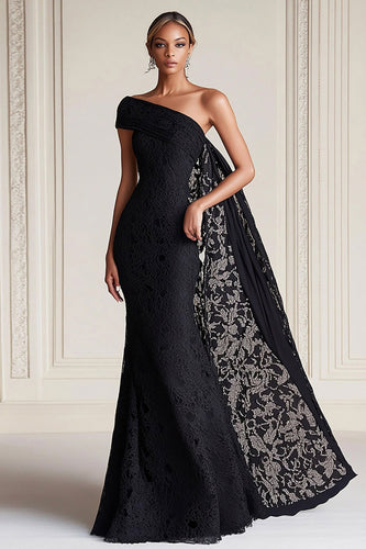 One Shoulder Sheath Black Mother of the Bride Dress with Lace Cape