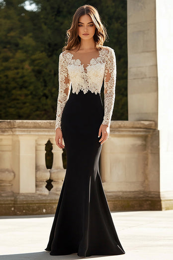 Satin Lace V Neck Sheath Black Mother of the Bride Dress with Long Sleeves