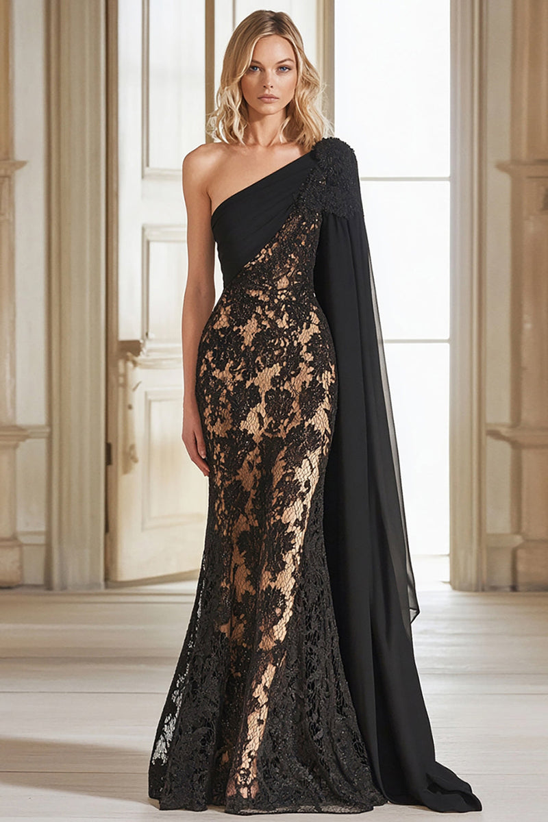 Load image into Gallery viewer, Lace Black One Shoulder Sheath Long Mother of the Bride Dress