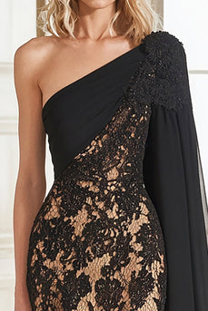 Lace Black One Shoulder Sheath Long Mother of the Bride Dress