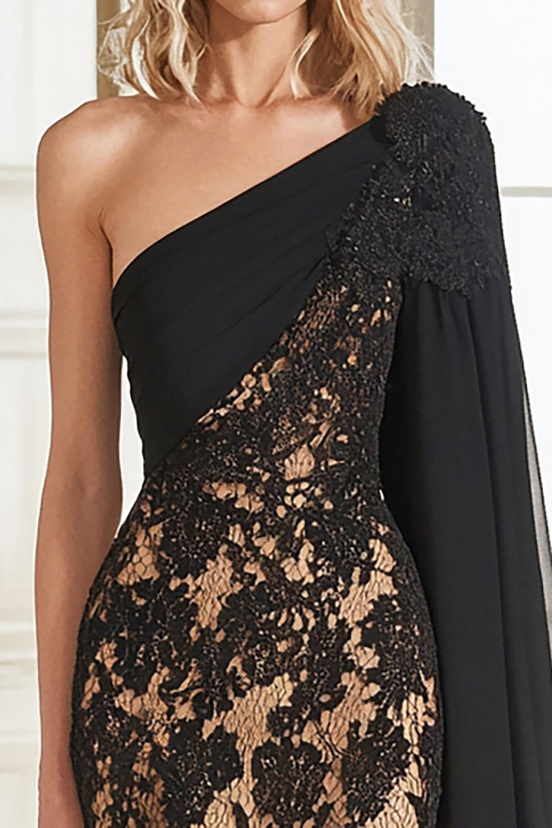 Load image into Gallery viewer, Lace Black One Shoulder Sheath Long Mother of the Bride Dress