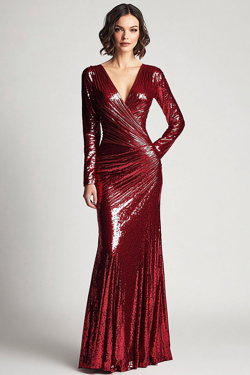 Load image into Gallery viewer, Sparkly V Neck Ruched Burgundy Mother of the Bride Dress with Long Sleeves