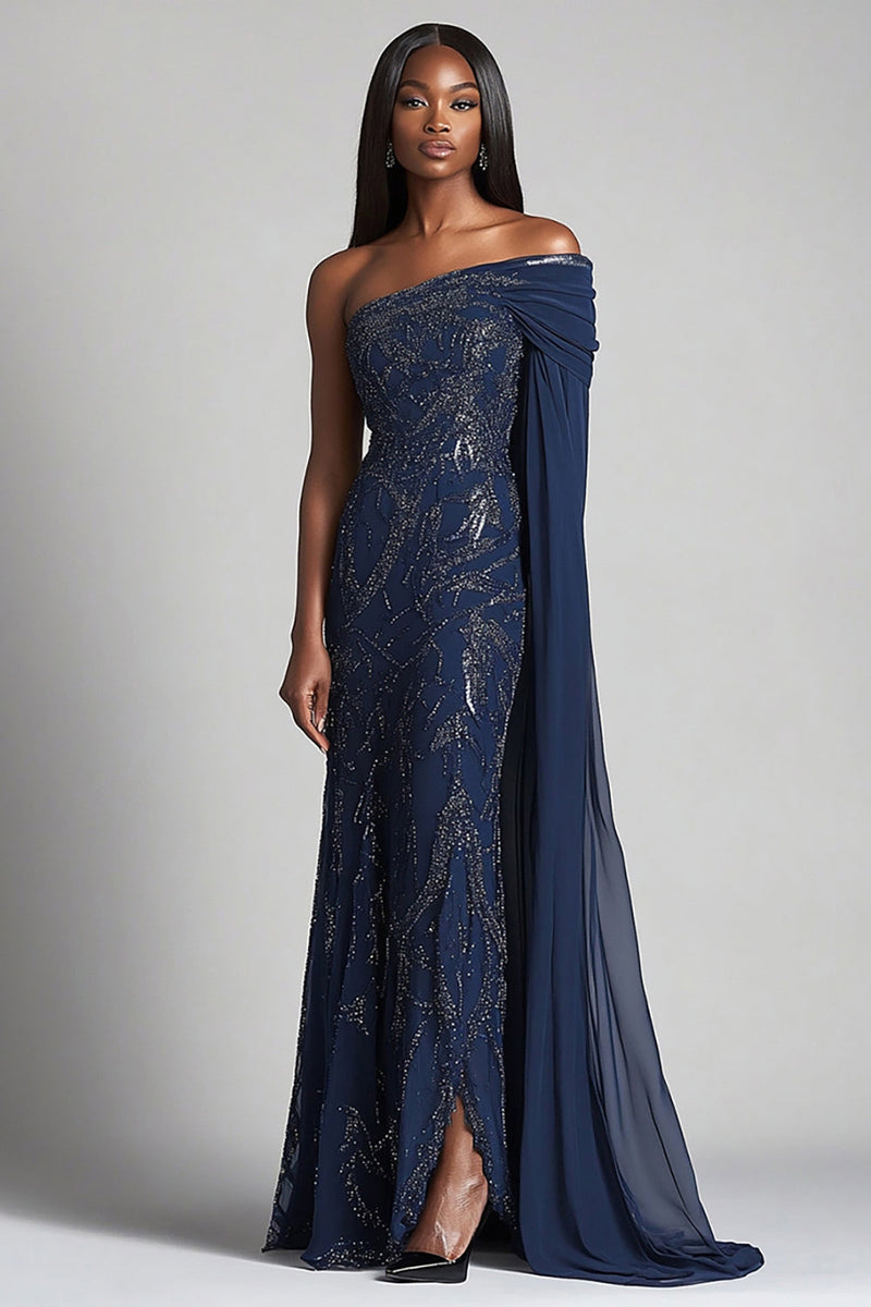 Load image into Gallery viewer, Sparkly Navy One Shoulder Sheath Long Mother of the Bride Dress with Sash