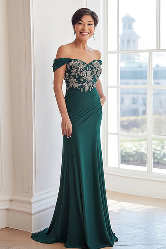 Off the Shoulder Beaded Dark Green Chiffon Long Mother of the Bride Dress