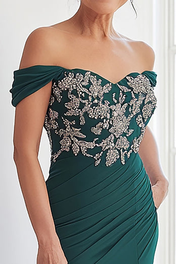 Off the Shoulder Beaded Dark Green Chiffon Long Mother of the Bride Dress