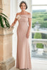 Load image into Gallery viewer, Off the Shoulder Satin Blush Mother of the Bride Dress with 3D Flower