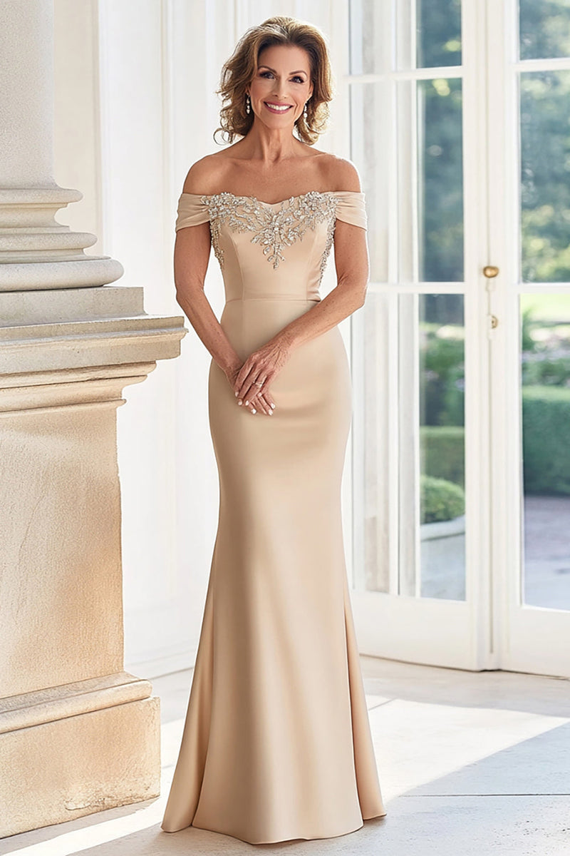 Load image into Gallery viewer, Champagne Off the Shoulder Sheath Mother of the Bride Dress with Appliques