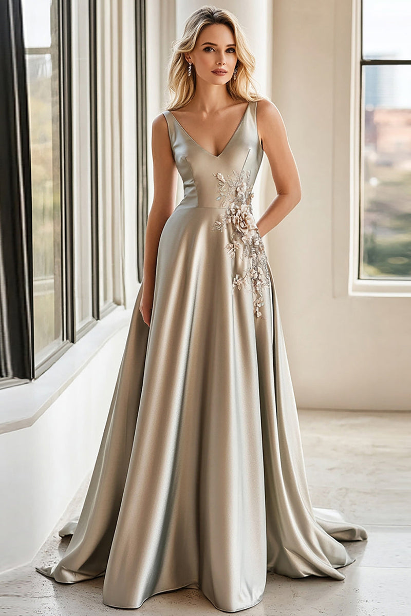 Load image into Gallery viewer, Satin V Neck Light Grey Mother of the Bride Dress with Appliques