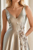 Load image into Gallery viewer, Satin V Neck Light Grey Mother of the Bride Dress with Appliques