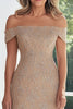 Load image into Gallery viewer, Taupe Lace Applique Sheath Off the Shoulder Mother of the Bride Dress