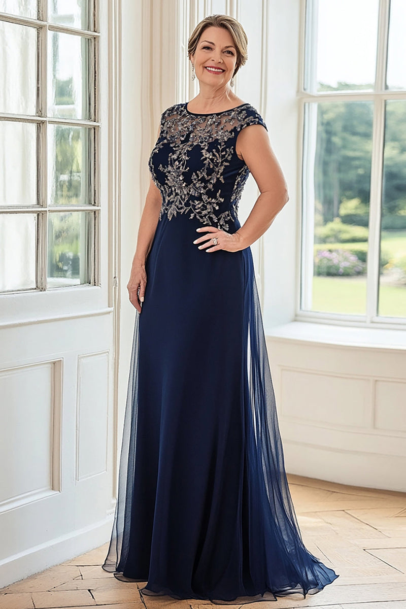 Load image into Gallery viewer, Navy Sheath Boat Neck Lace Appliqued Long Mother Of The Bride Dress