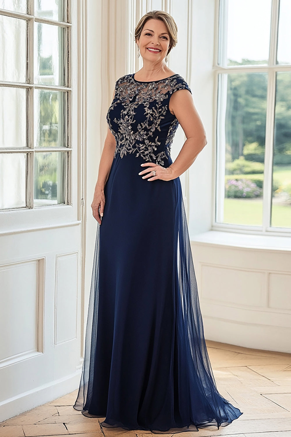 Navy Sheath Boat Neck Lace Appliqued Long Mother Of The Bride Dress