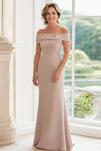 Off The Shoulder Taupe Sheath Long Mother Of The Bride Dress With 3D Flower