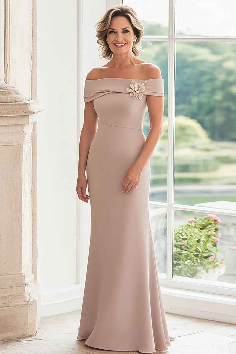 Load image into Gallery viewer, Off The Shoulder Taupe Sheath Long Mother Of The Bride Dress With 3D Flower