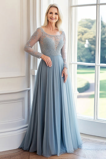 A Line Grey Blue Boat Neck Long Sleeves Appliqued Mother of the Bride Dress