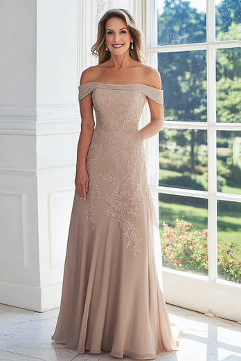 Off The Shoulder Taupe A Line Lace Appliqued Mother of the Bride Dress