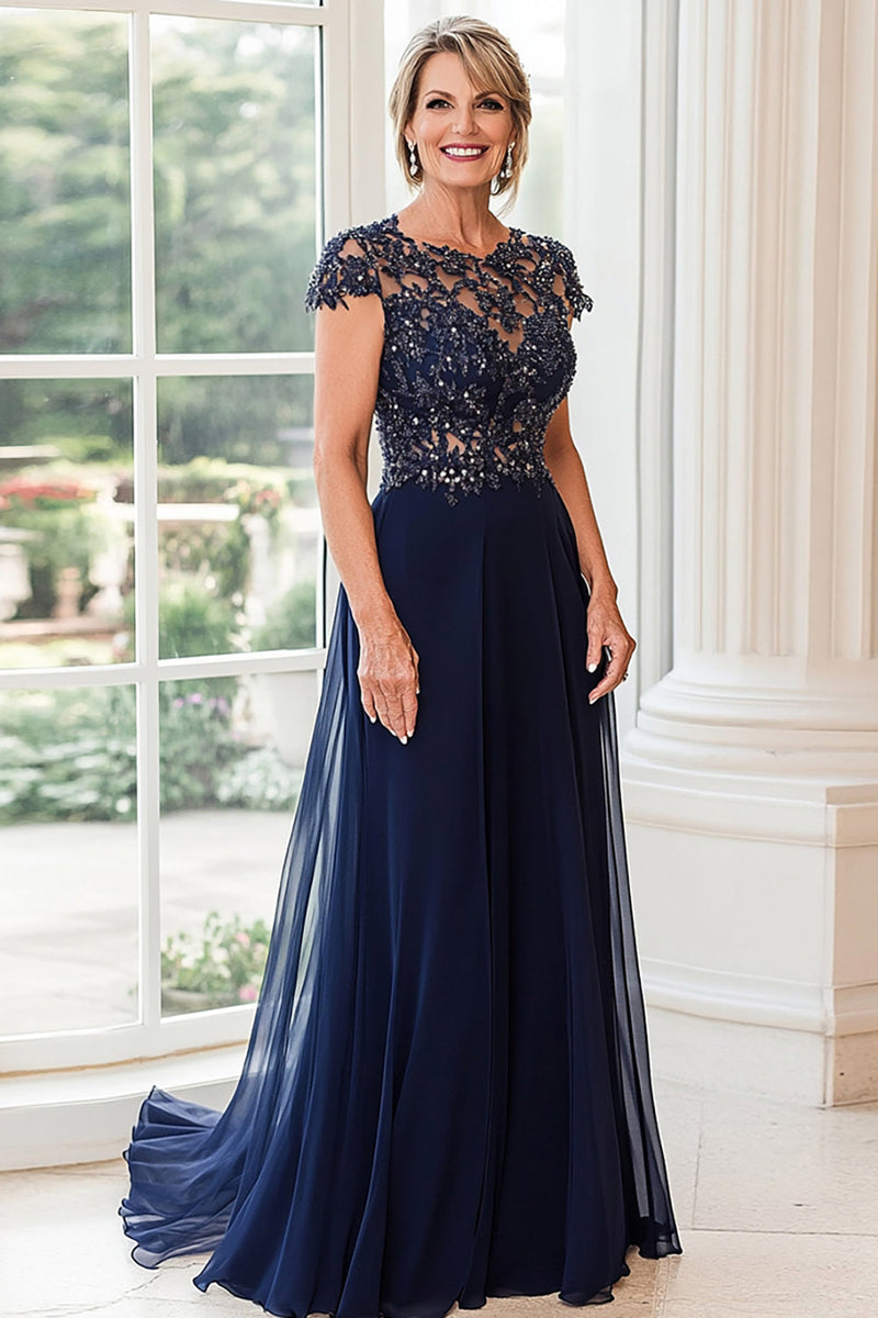 Load image into Gallery viewer, Scoop Neck A Line Navy Cap Sleeves Mother of the Bride Dress