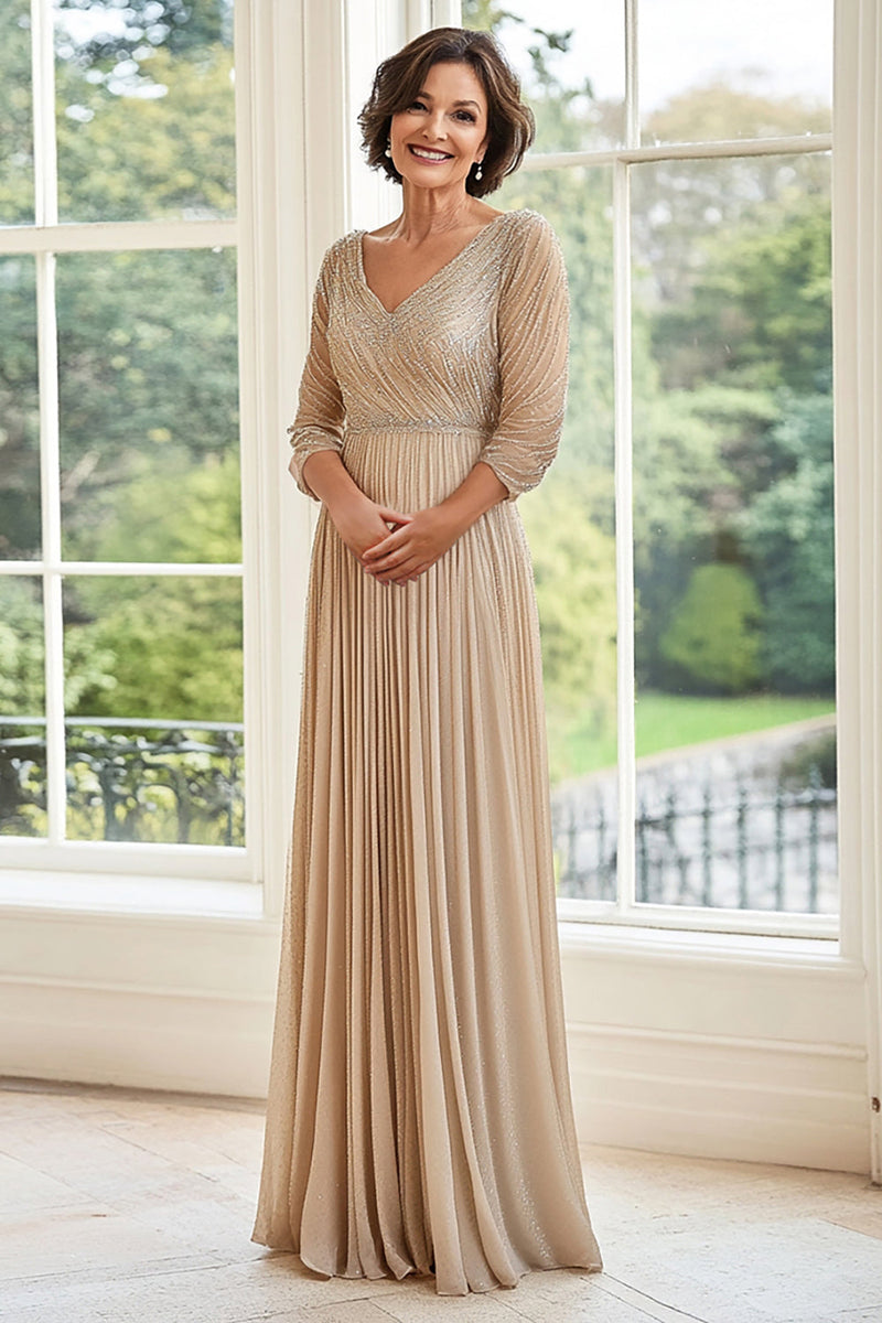 Load image into Gallery viewer, Elegant Champagne A Line V Neck Pleated Mother of the Bride Dress