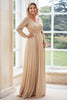 Load image into Gallery viewer, Champagne A Line V Neck Pleated Long Sleeves Mother of the Bride Dress