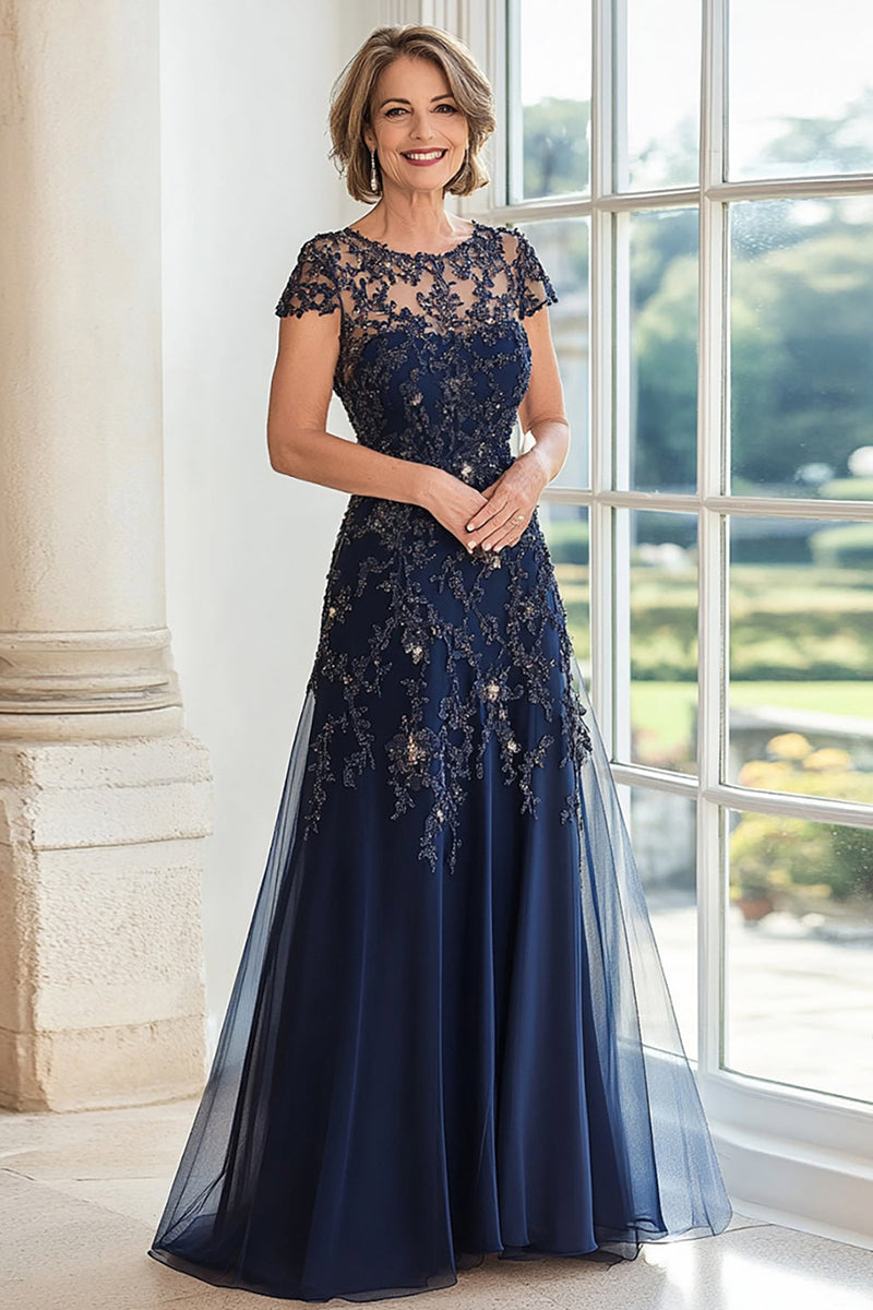 Load image into Gallery viewer, A Line Navy Scoop Neck Cap Sleeves Lace Mother of the Bride Dress